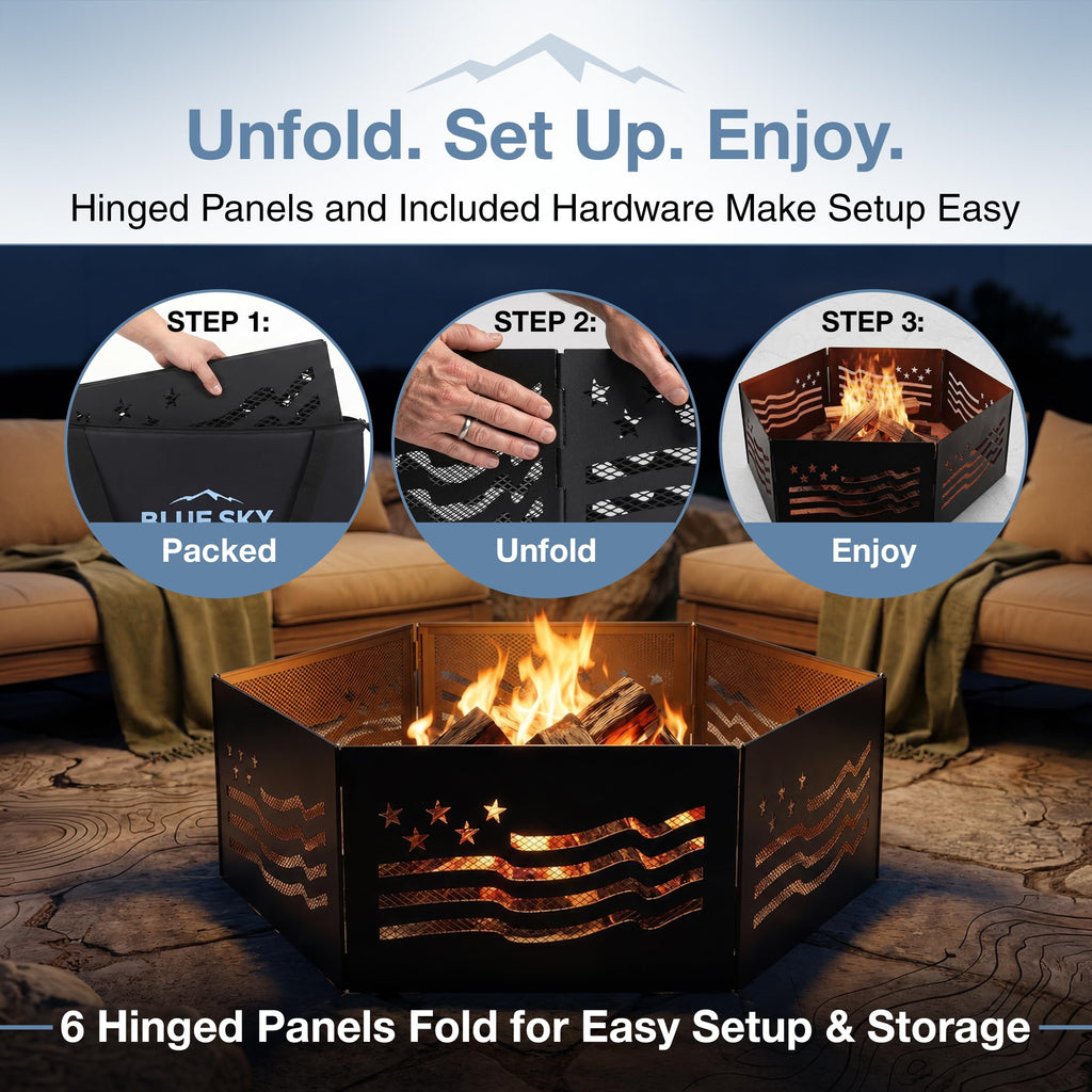 36" x 12" Zion Portable Folding Fire Ring, Steel Mesh Foldable Fire Ring, Stars and Stripes, Black