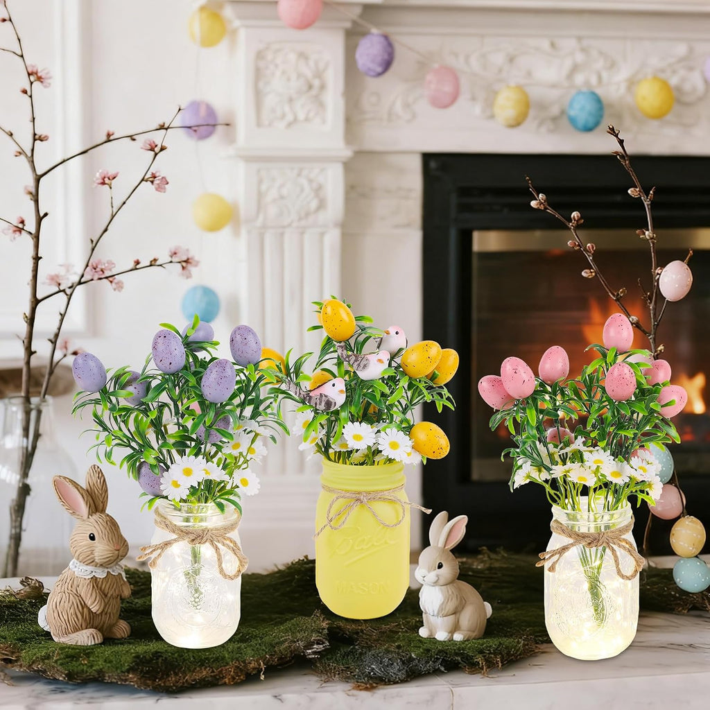 Easter Decorations, Easter Table Centerpiece with Egg Picks in Glass Vases, Wood Tray & Led Lights with Timer, Spring - Set of 3