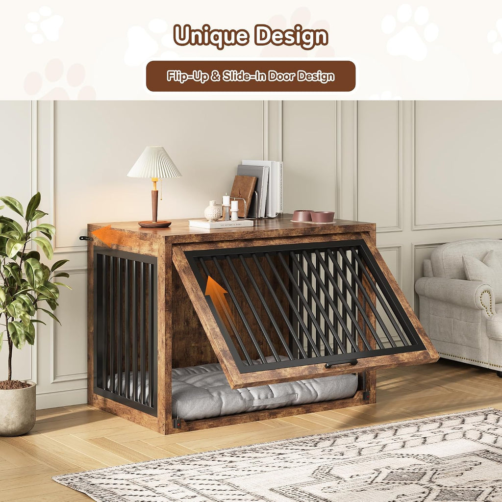 Dog Crate Furniture - 42'' Wooden Dog Kennel for Large Dogs up to 80 lb, Large Dog Crate with Hidden Sliding Door