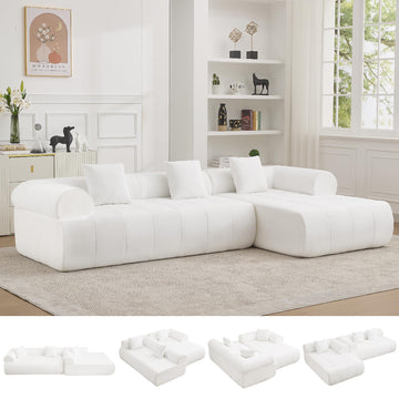 119'' Curved Boneless, 3 Seat L Shaped Couch White