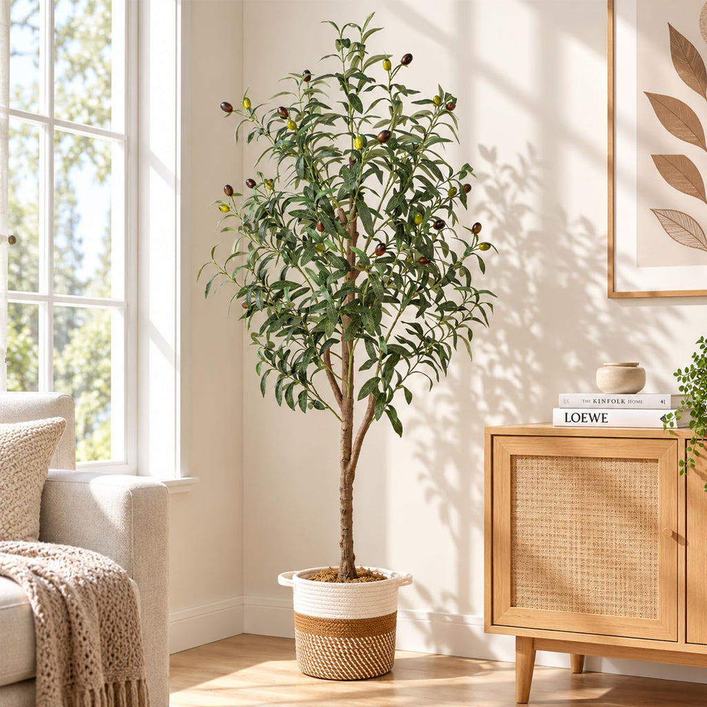 4FT Artificial Olive Tree Indoor Tall Faux with Planter & Basket Large Fake Olive Silk Trees Realistic Olive Plants