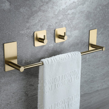 Golden Towel Bar - Self Adhesive Towel Holder + 2 Packs Hooks, 16-in
