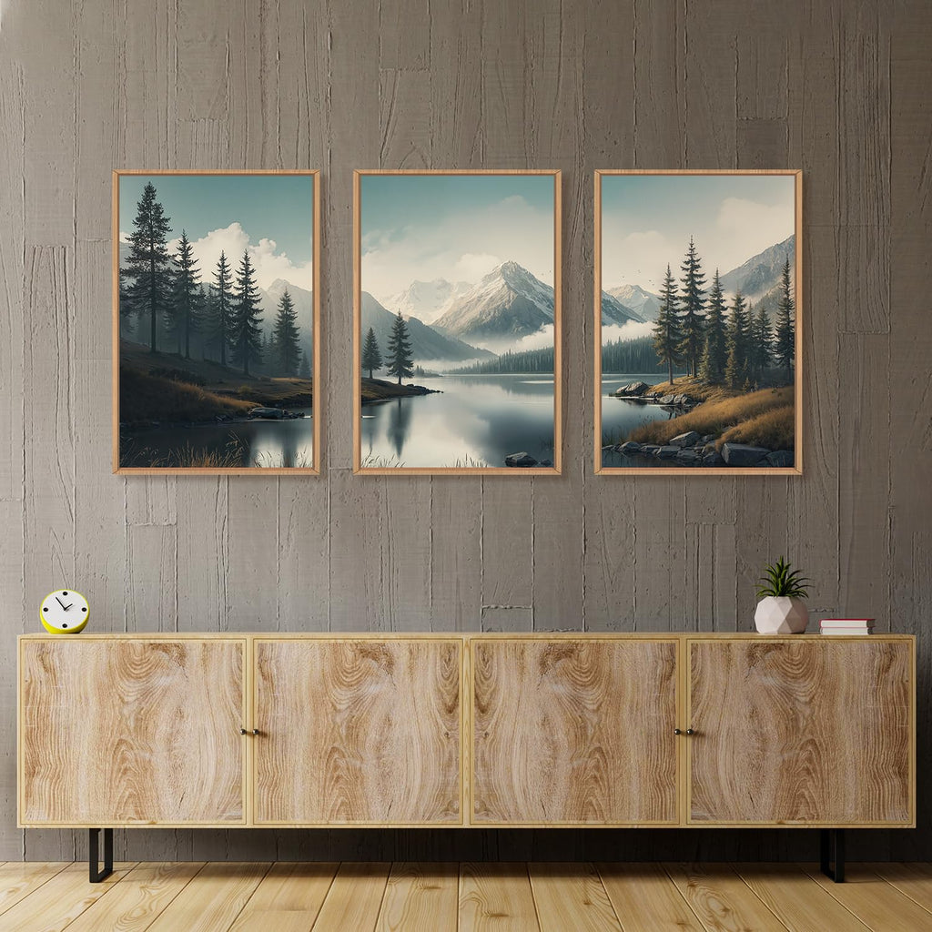Large Mountain Misty Forest Framed Canvas Wall Art, Nature Ridge Foggy Wall Decor, Snow Lake Woodland Wall