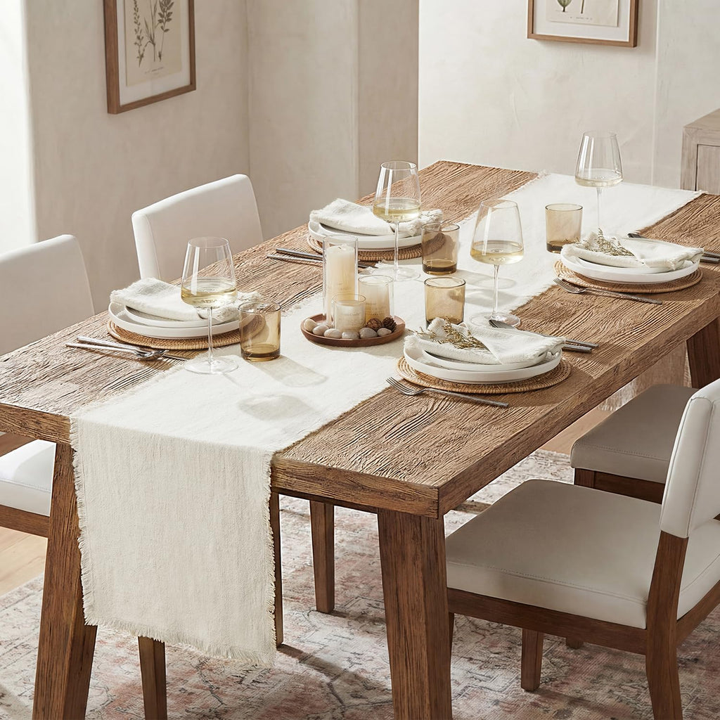 14 x 108 Inches Frayed Edge Table Runner, 270G Heavyweight Sand Washed Slub Texture Cotton Linen for Modern