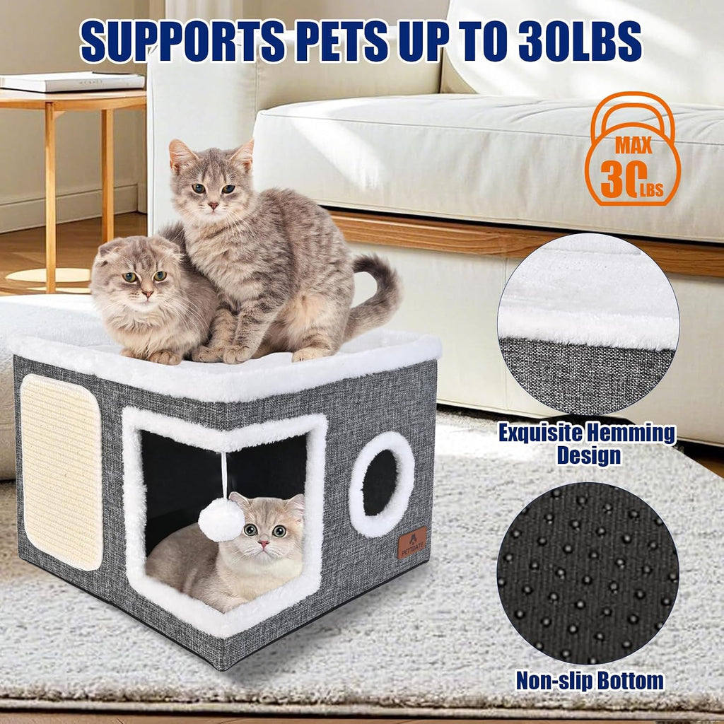 Cat Beds for Indoor Cats, Large Cat Cave Bed with Scratch Pad and Fluffy Ball, Foldable Cat Hideaway, Cat House