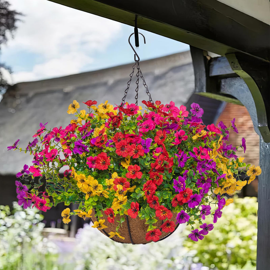 Artificial Mums for Outdoors Planters Fake Mum Realistic Flowers with Basket Faux Plants for Decoration Hanging