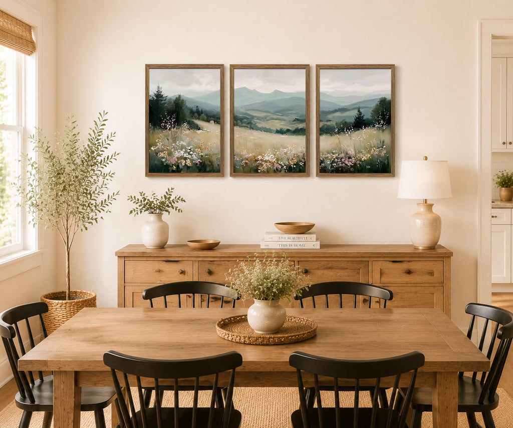 Minimalist Mountain Triptych Wall Art Set of 3, Foggy Wildflower Canvas