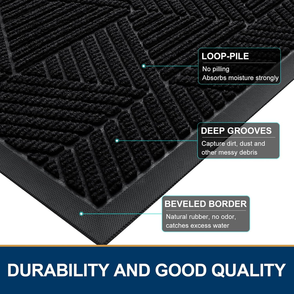Front Door Mat Outside Entrance, Low Profile Rubber Doormat, 35x23 | Irregular Triangle, Black, Sturdy Heavy Duty Mat