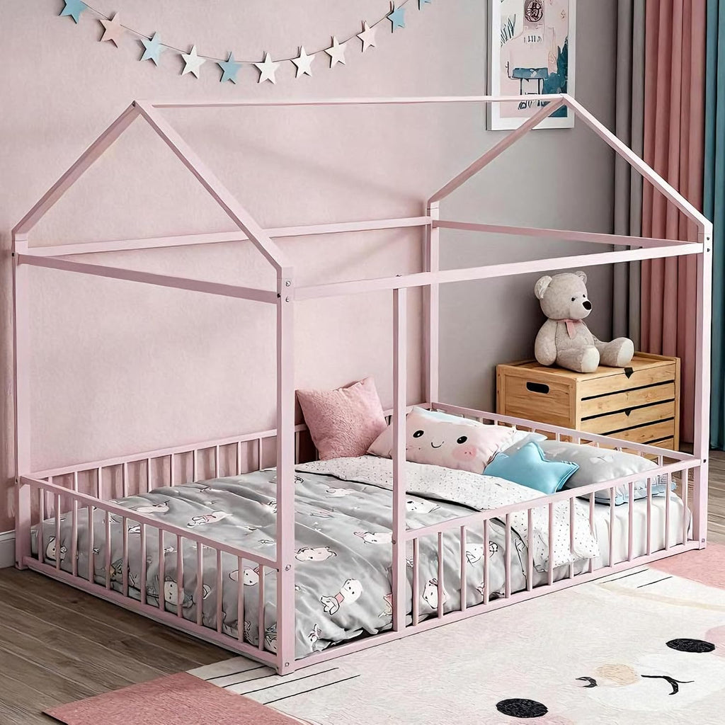 Floor Bed Frame with 13.2" HFull-Length Guardrails & Roof, Metal Montessori Floor Bed with Low