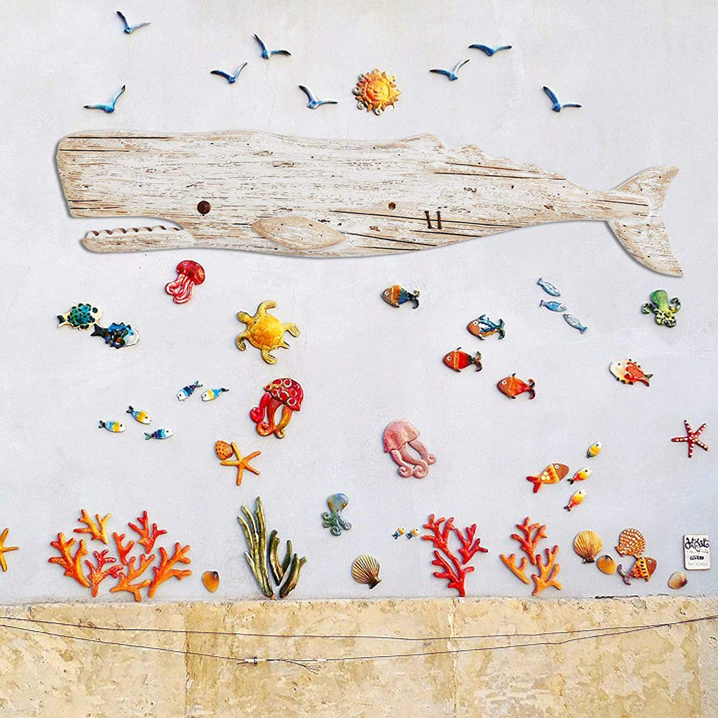 Hanging Wooden Whale Wall Art Ornament, Rustic Decorative Figurine Carving Sculpture, Nautical Ocean Beach Coastal