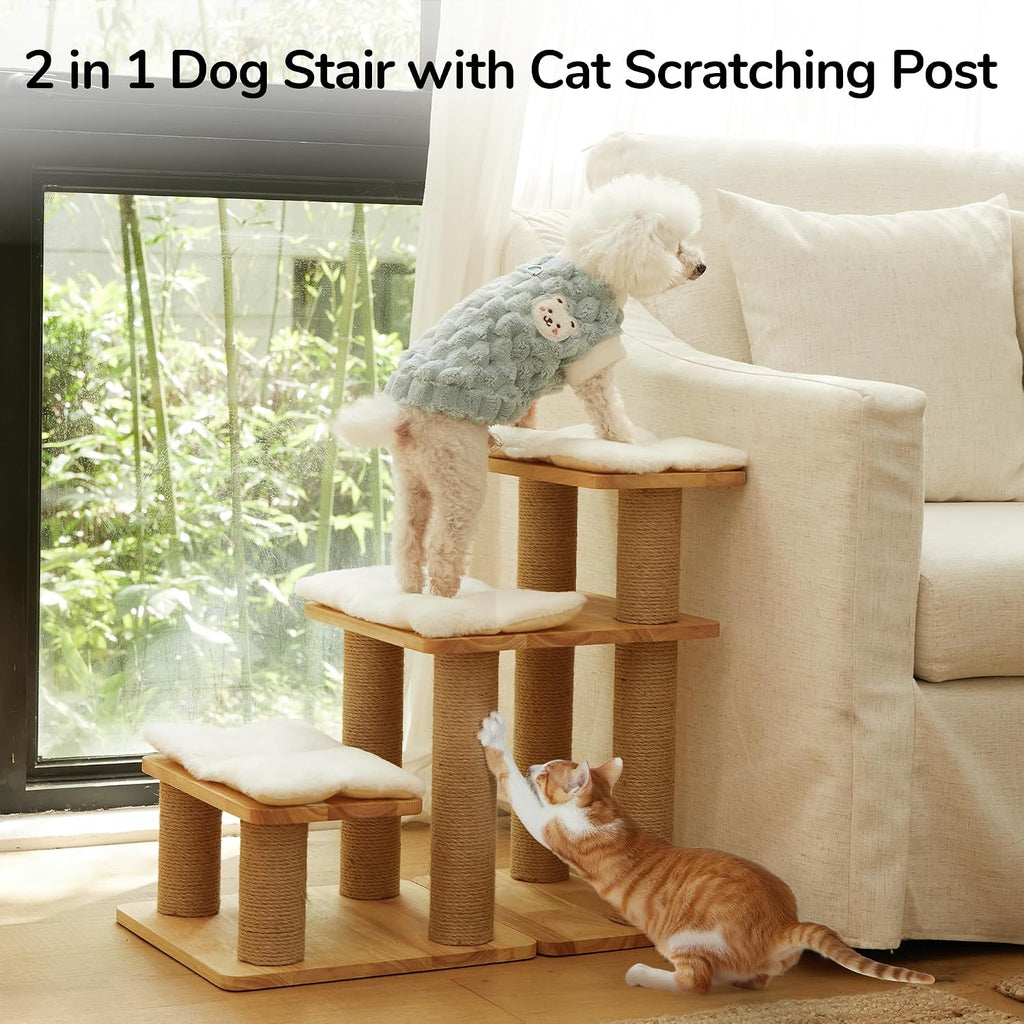 Dog Stairs, Solid Wood Pet Stairs with Cat Scratching Post