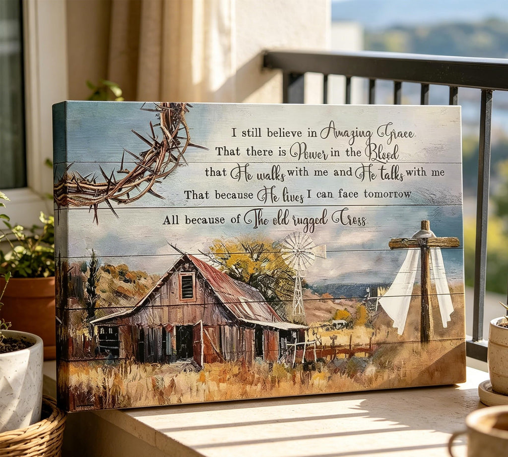 The Old Rugged Cross Canvas Wall Art, Religious Hymn Painting Picture Wall Decor, Vintage Barn Windmill Poster Print