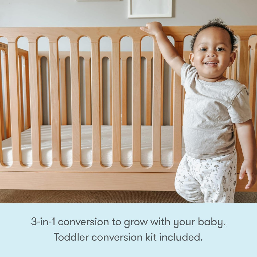Galileo Standard Crib, Solid Beech Wood in Natural Color, 3-in-1 Convertible Crib with Toddler Bed Conversion Kit