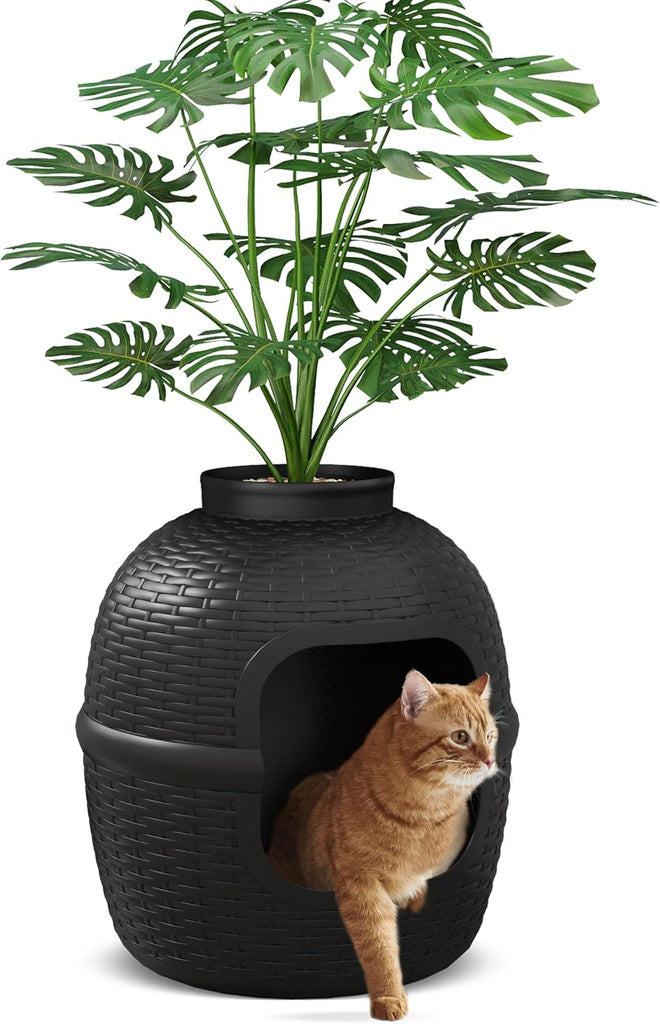 Hidden Litter Box with Faux Plant, Large Cat Litter Box with Rattan Pattern, Heavy Duty PP Material Litter Box