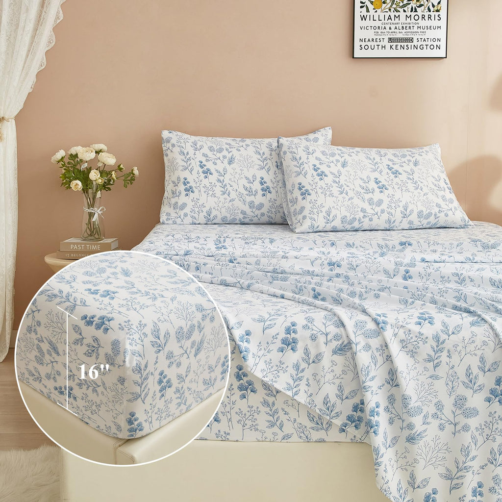 3 Piece Bed Sheets Set Twin XL Sheets White - Extra Soft Blue Floral Sheet Deep Pocket 16" - Luxury Soft Twin XL