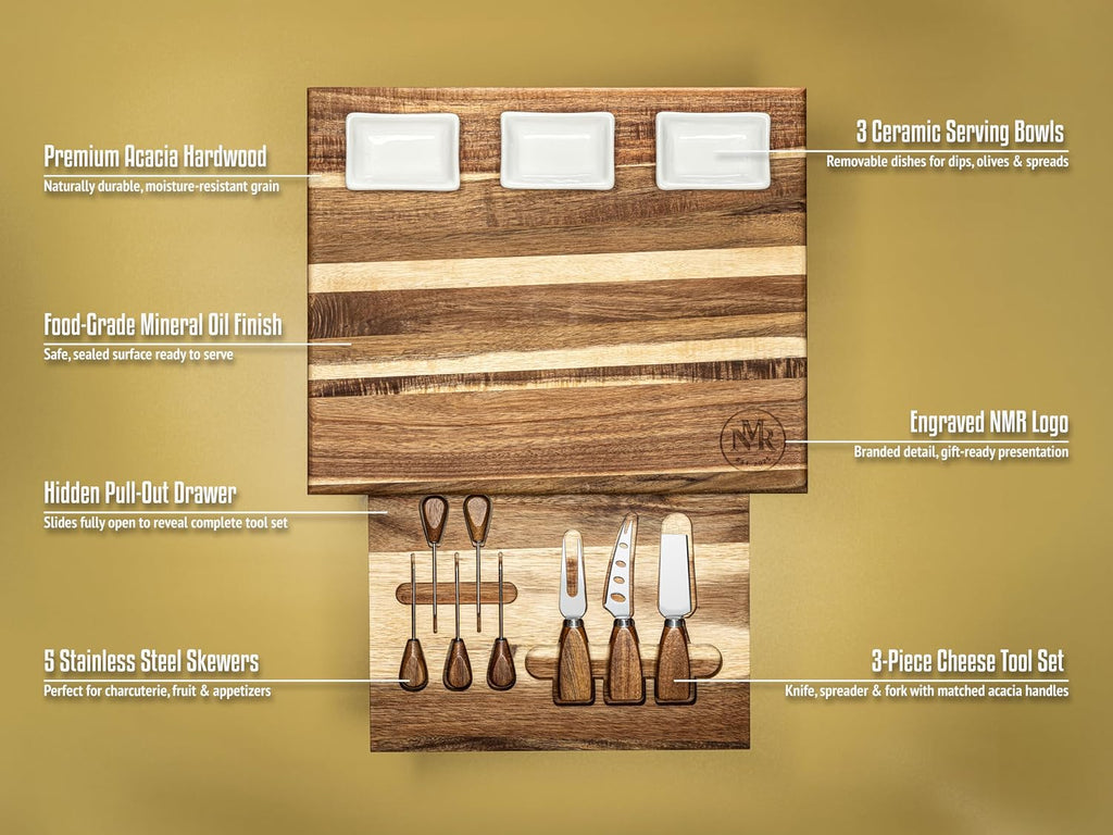 Premium Acacia Wood Charcuterie Board Set with Hidden Drawer, Cheese Board Gift Set, 2 Cheese Knives, Cheese Fork & 5