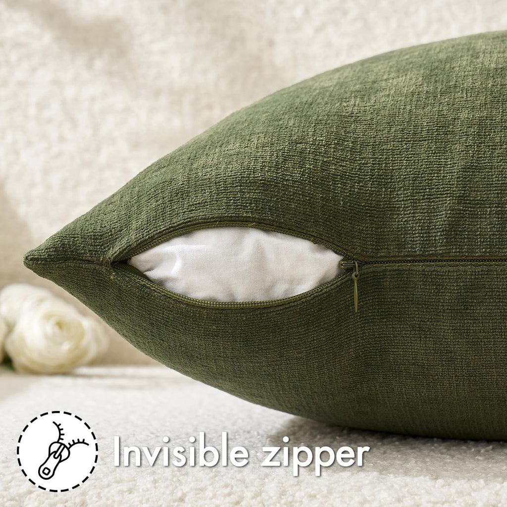 Olive Green Couch Pillow Covers 18x18 Inch, Set of 2 Soft Chenille Decorative Square Throw Pillow Covers Farmhouse
