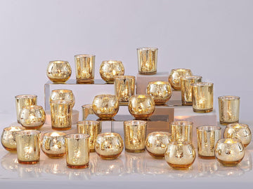 48PCS Assorted Gold Votive Candle Holders Bluk, Gold Wedding Decorations, Mercury Glass Candle Holder for Tea Lights