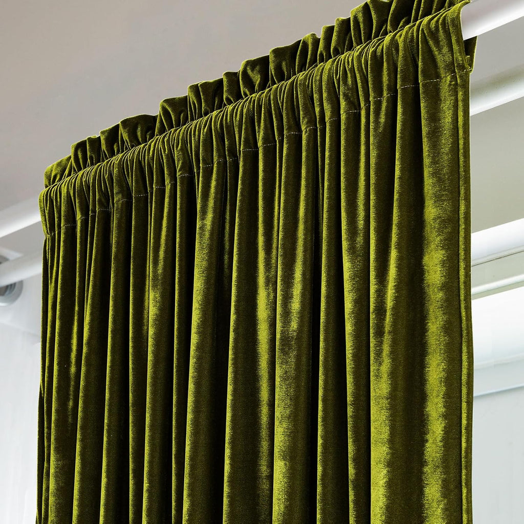 Velvet Curtains Set of 2 Retro Ruffle Flounces Trim Soft Decorative Luxurious Solid Olive Green Farmhouse Vintage