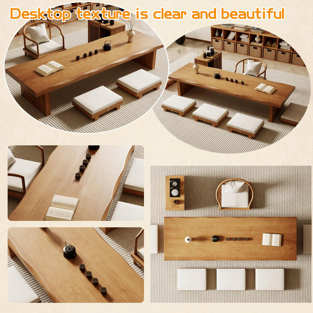 55" Solid Wood Japanese Floor Table, Low Dining Table for Floor Seating, Tatami Tea Table, Modern Chabudai Coffee