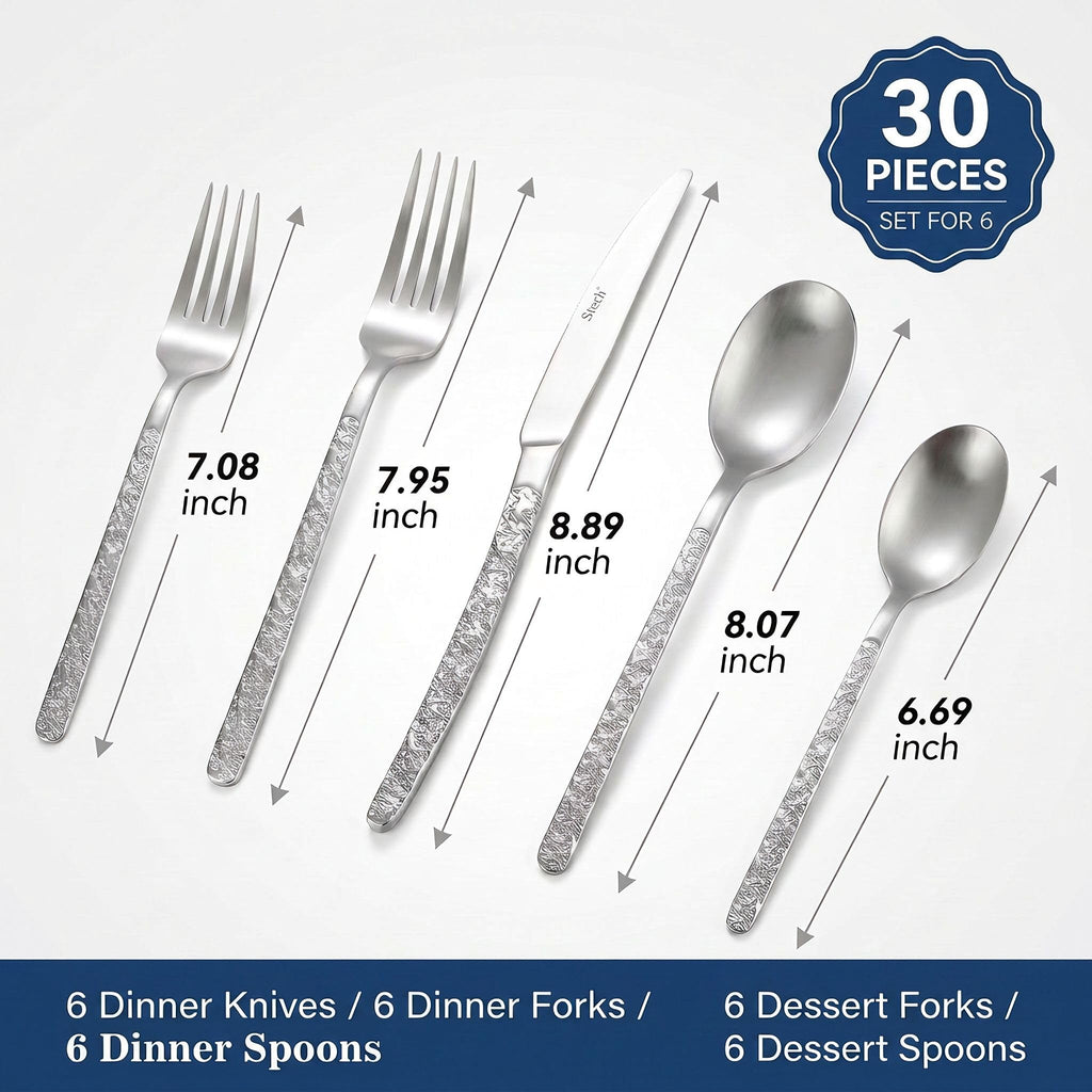 30-Piece Silverware Set, SILVER Hammered Flatware, Dishwasher Safe