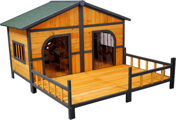 Double Dog House for 2 Dogs, Weatherproof Outdoor Wooden Dog House