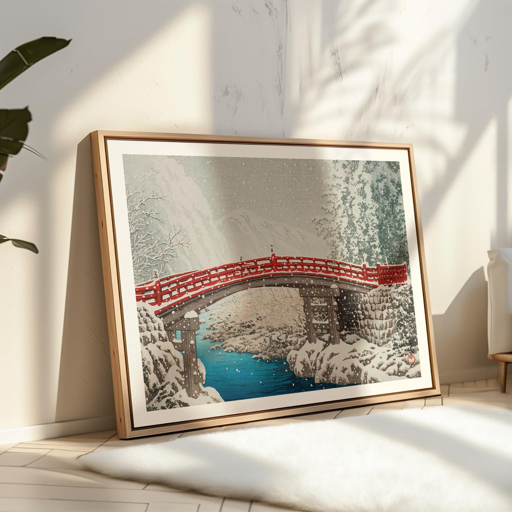 Master Vintage Hasui Kawase Poster - Retro Snow at Sacred Bridge in Nikko Print - Japanese Art - Gift for Him, Her