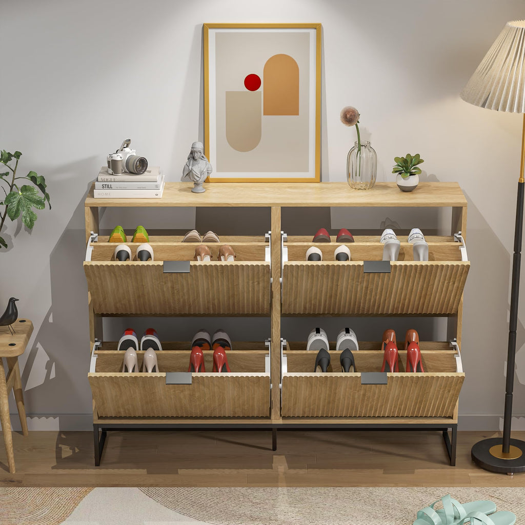 Shoe Cabinet Storage Slim Modern Shoe Rack Cabinet with 4 Flip Drawers Tipping Wooden Narrow Shoe Cabinet