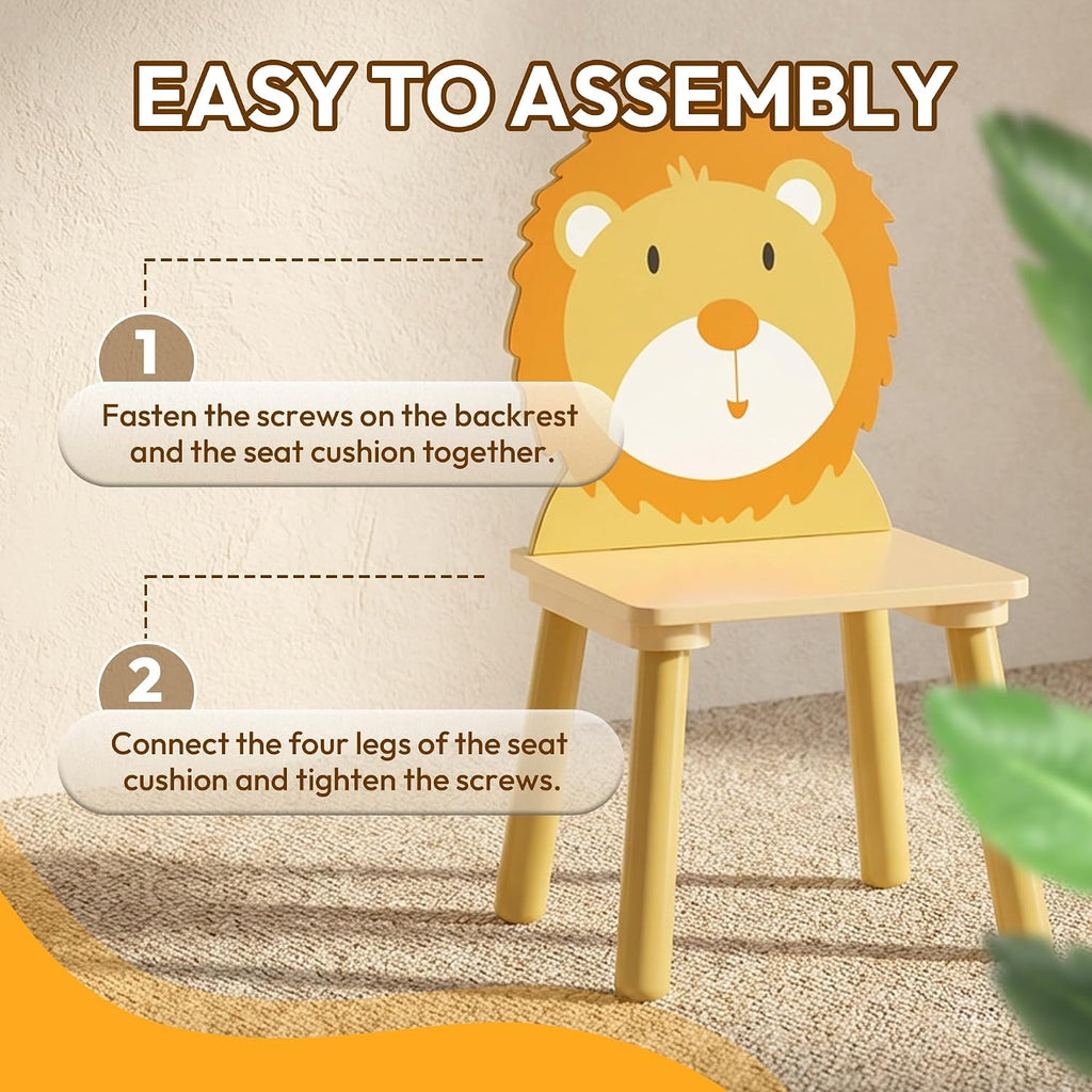 Kids Table and 2 Chairs, Wooden Stable Table and Chair Set (Lion&Monkey), Ideal for Arts & Crafts, Snack Time
