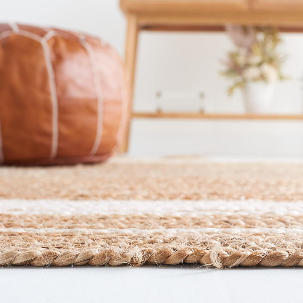 Natural Fiber Collection Area Rug - 6' Round, Natural & Ivory, Flat Weave Farmhouse Border Jute Design, Ideal for