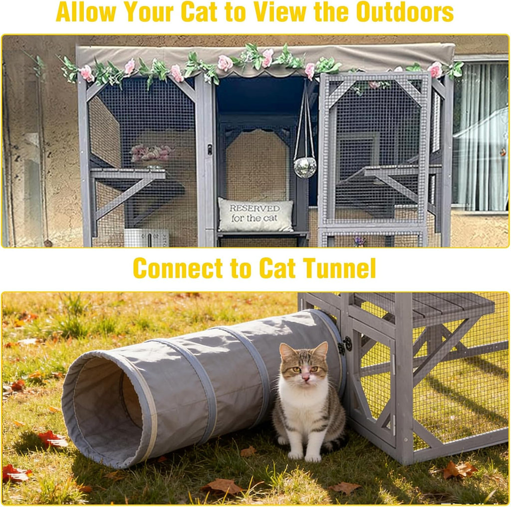 Large Wooden Catio Outdoor Cat Enclosure, Walk-in Kitty Condo with 7 Climbing Platforms, 2 Napping Houses, Expandable