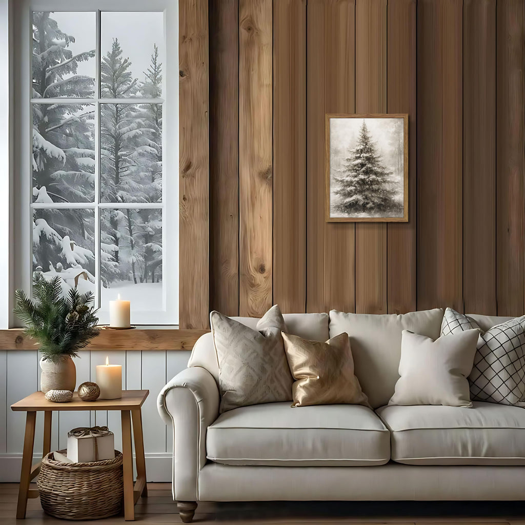 Framed Vintage Christmas Tree Wall Art, Rustic Farmhouse Pine Tree Canvas Wall Decor Paintings, Winter Snowy