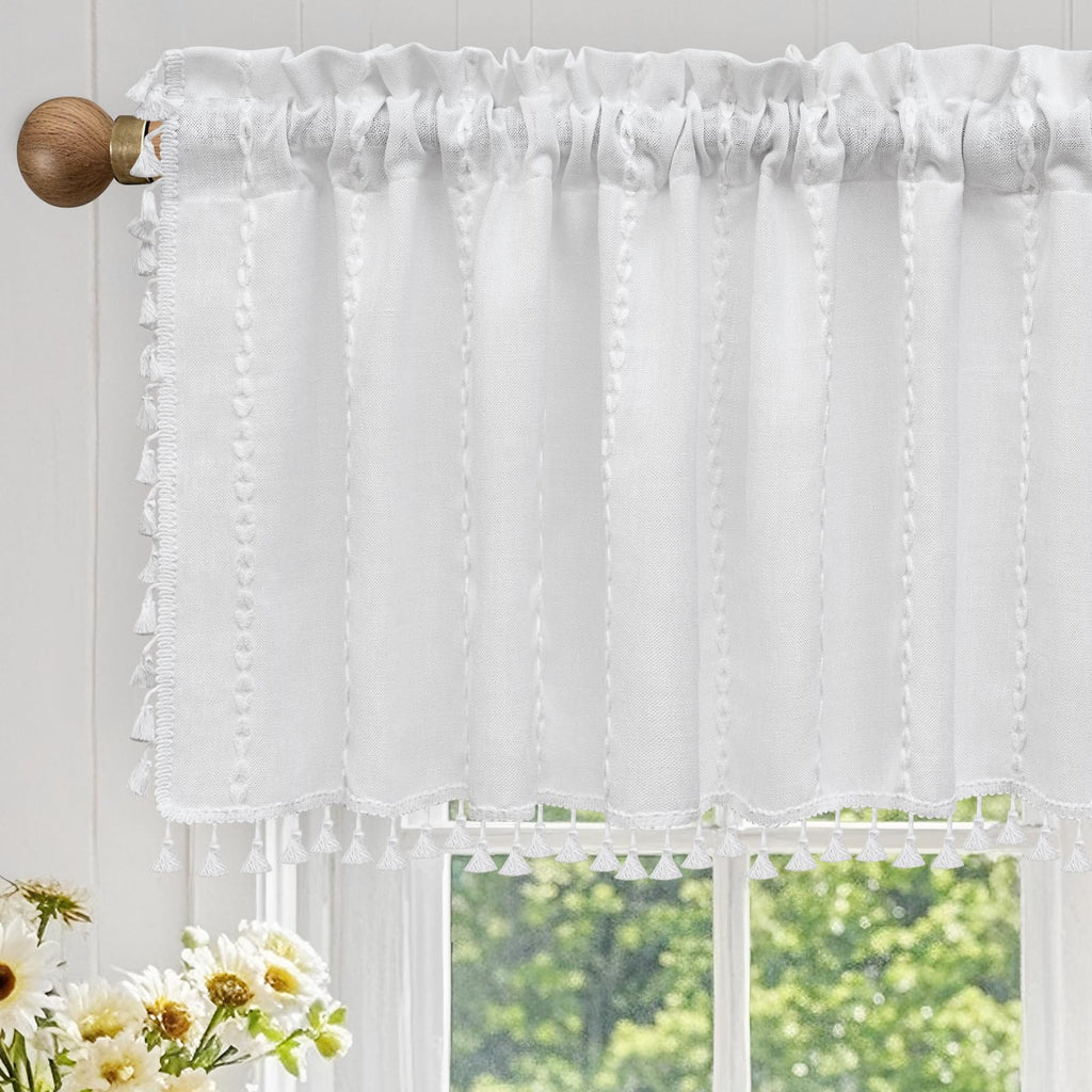 White Boho Farmhouse Valance Curtain with Tassels, 52 x 18 inch Linen Textured Window Curtain, Striped Light