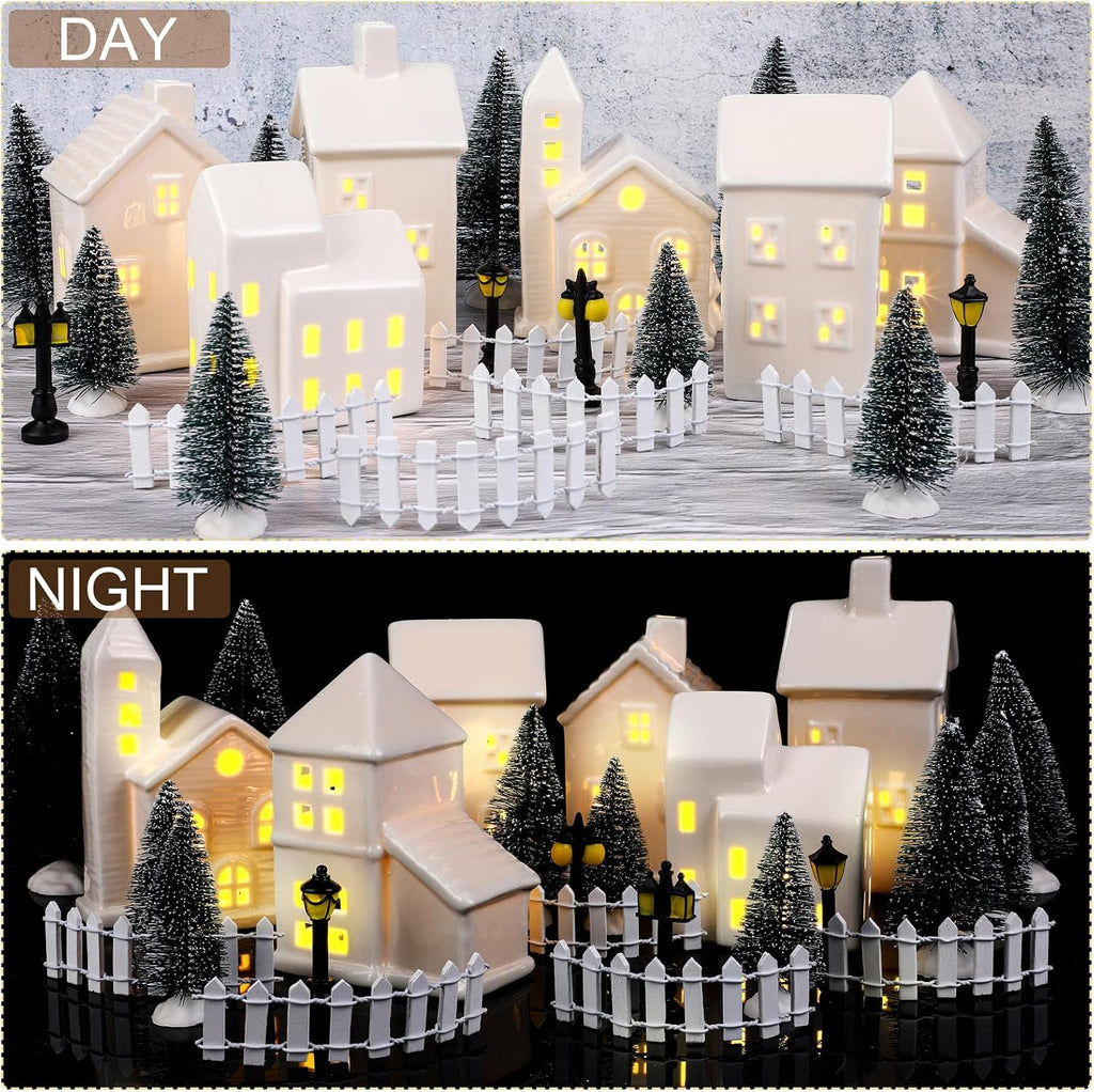 39 Pieces LED Lighted Ceramic Winter Village Building Figurines and Accessories Desktop Ornament Set for Holiday