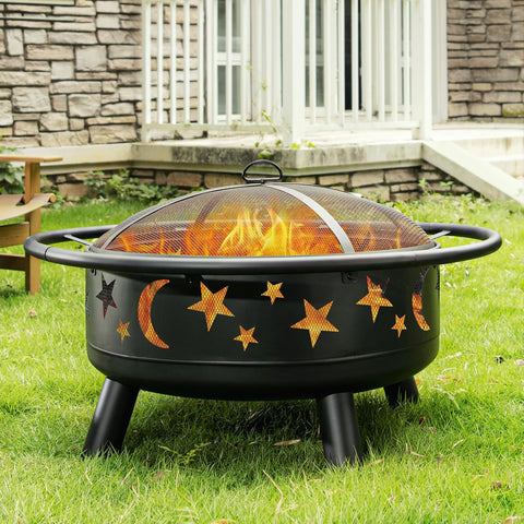 32 Inch Round Fire Pit with Mesh Cover, Fire Poker, Star and Moon Design, Metal Wood Burning Outdoor Firepit