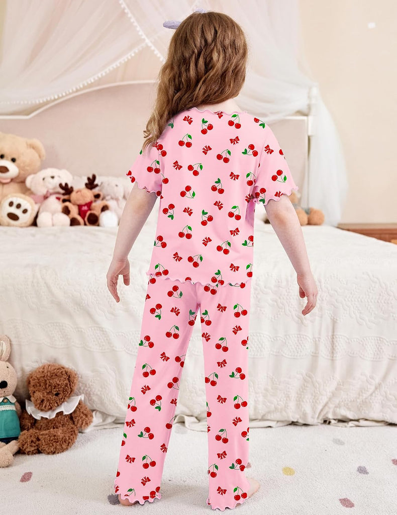 Girls Pajamas Short Sleeve Long Pant Sleepwear Soft Shirring Pjs