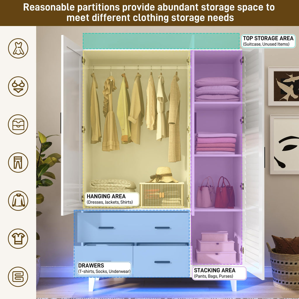 3 Door Armoire Wardrobe Closet Cabinet with Drawers and LED Lights, Multi-Tier Shelves, Hanging Rod & 3 Louver Doors