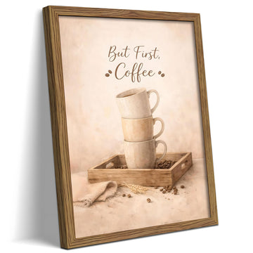 Framed Coffee Wall Art, But First Coffee Kitchen Wall Decor Painting Picture, Rustic Farmhouse Canvas Print Poster