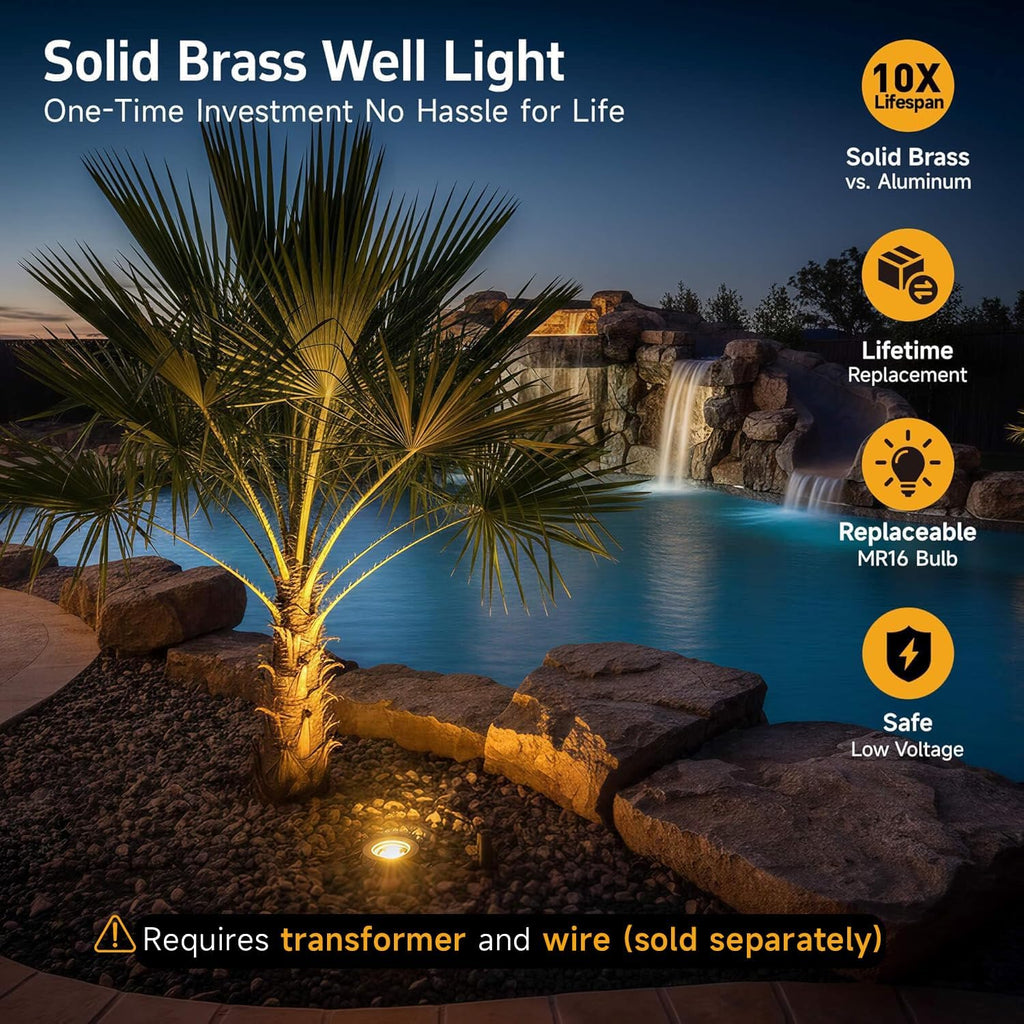 Brass Well Lights, 12V Low Voltage Wired 2700K In-Ground, 1PK