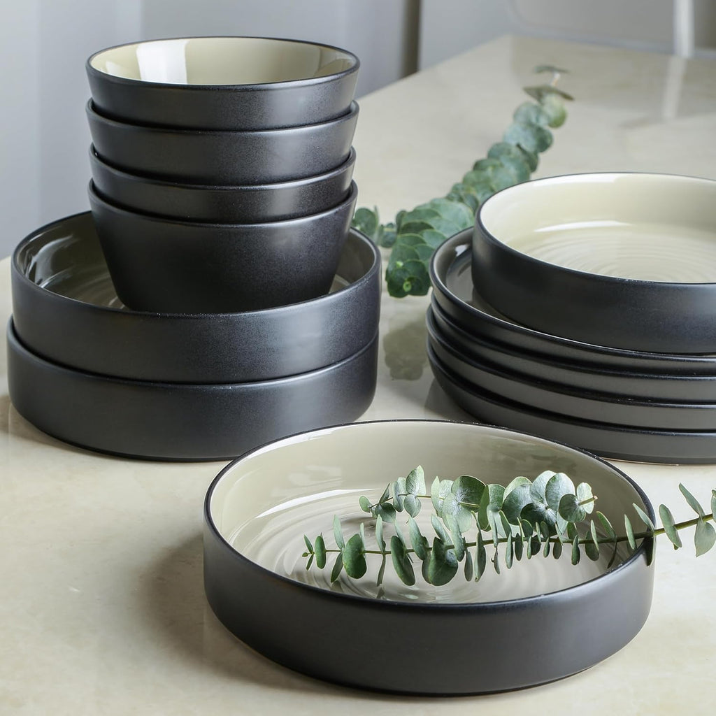 Elica 24-Piece Modern Dinnerware Set Stoneware, Plates and Bowl Sets for 8, Beige and Black