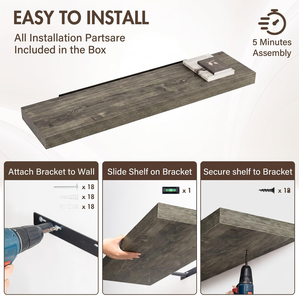 48 Inch Floating Shelves, 12" Deep Floating Shelf Wall Mounted, 48" Wall Shelves, Rustic Deep Bookshelf, Extra Deeper