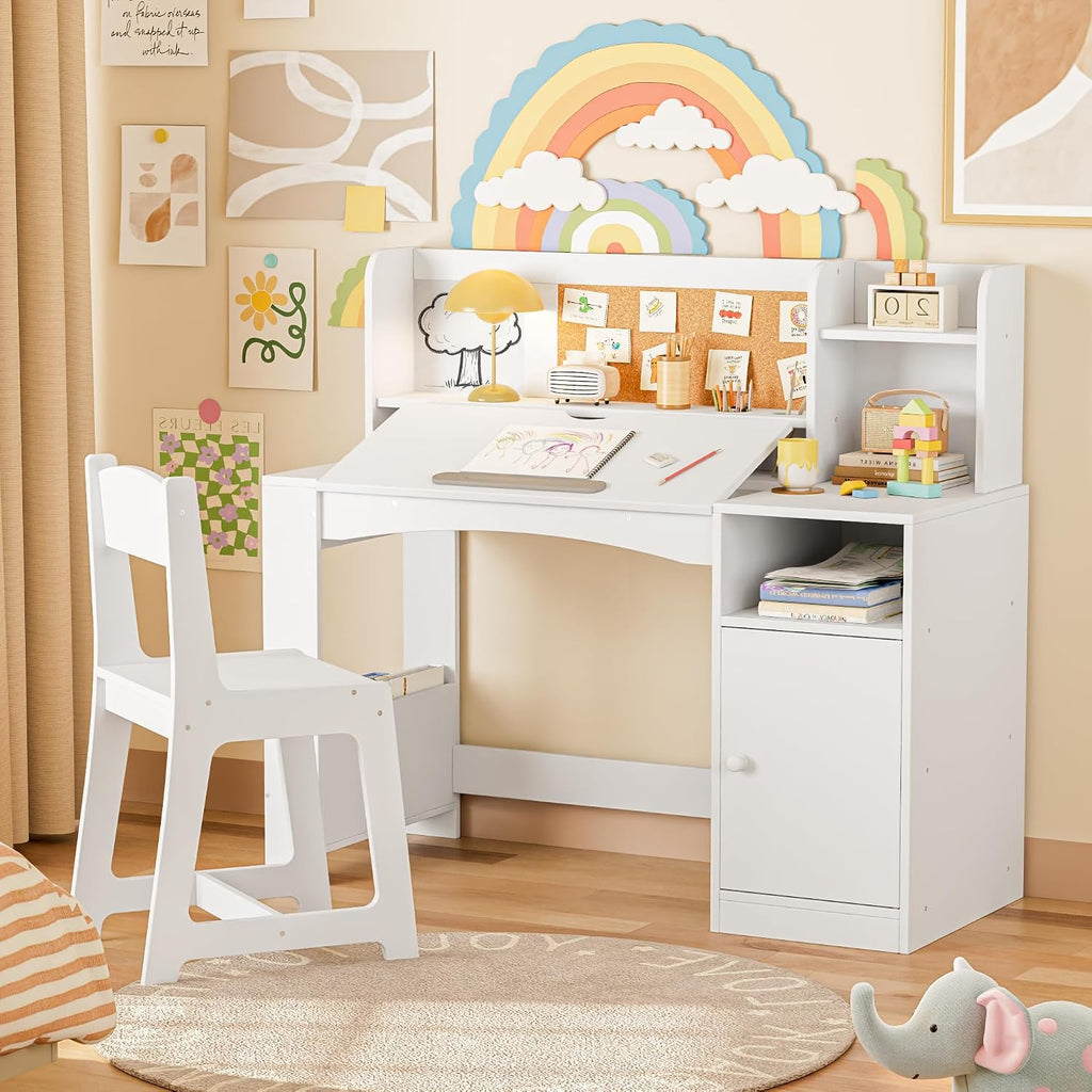 43In Kids Study Desk with Chair, Tiltable Desktop Kids Desk and Chair Set with Storage, Wooden Study Table for 5-12