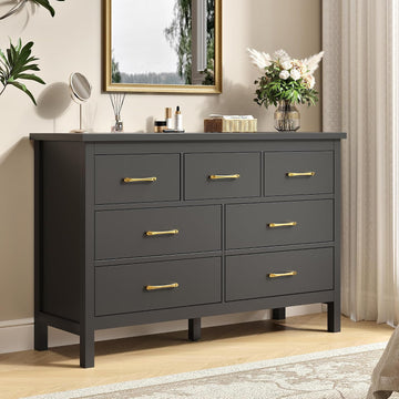 Black Dresser , 7 Drawer Wood Double Dresser with Golden Handles, Wide Chest of Organizer Storage Drawers | Black