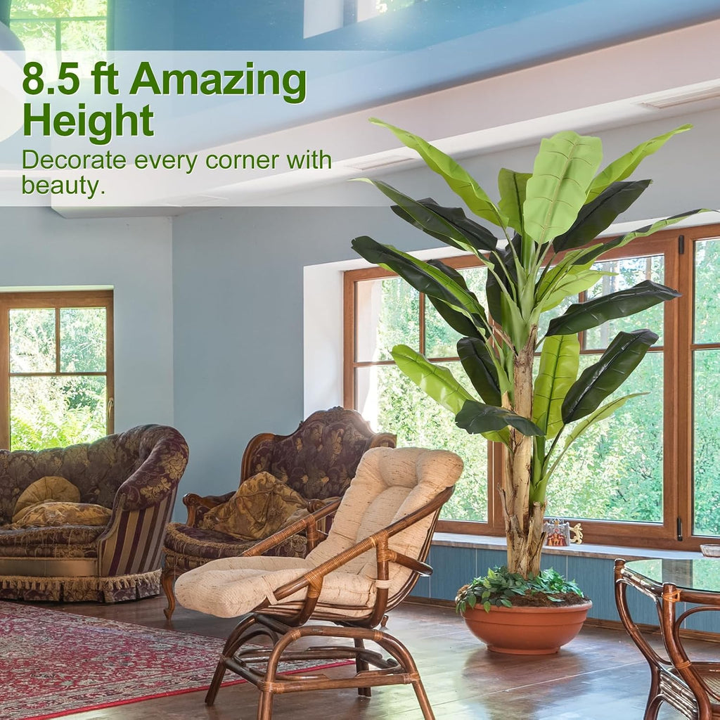 8.5ft Extra Tall Artificial Banana Tree, Fake Banana Leaf Plant with 26 Faux Banana Leaves, Perfect Indoor Outdoor