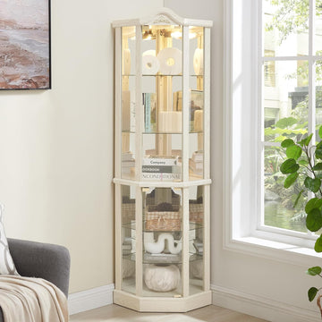 72" Corner Glass Display Cabinet with Adjustable Shelves, for Collectibles, Storage Curio Cabinet with Arched Floral