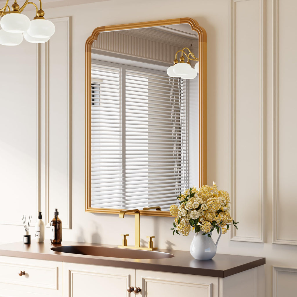 30" x 40" Wood Bathroom Mirror for Over Sink, Rustic Rounded Corner Vanity Mirror Home Decorative [Natural Color]