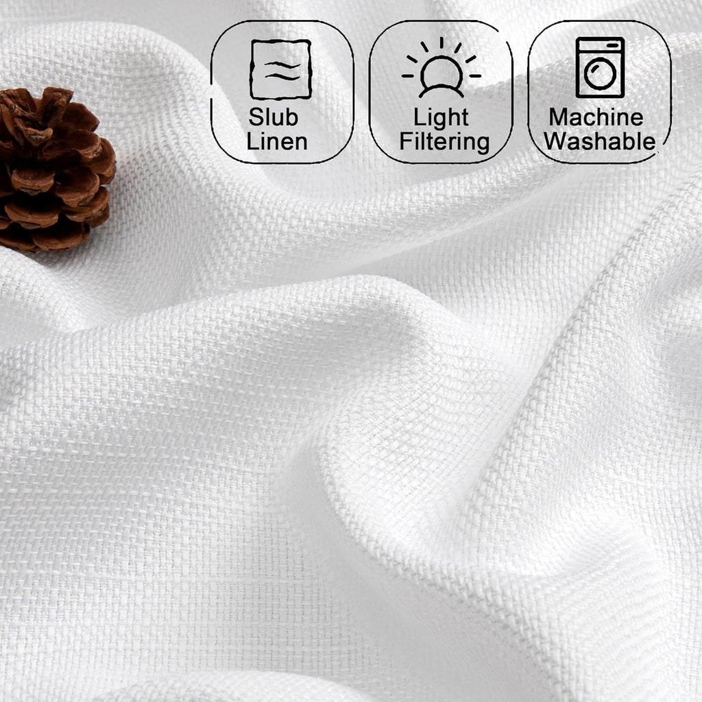 2 Panels White Kitchen Curtains 36 Inch Length Tier Curtain, Faux Linen Textured Small Cafe Curtain, Light Filtering