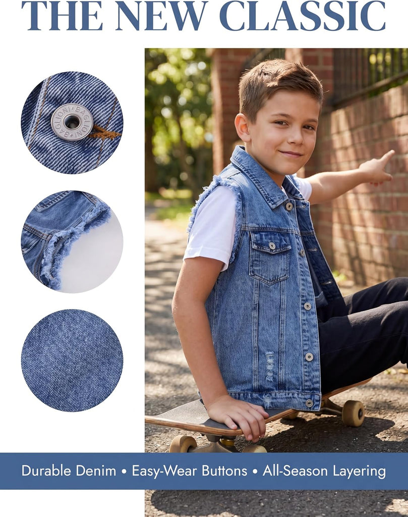 Kids Biker Denim Vest Western Motorcycle Jean Jacket for Boys Girls