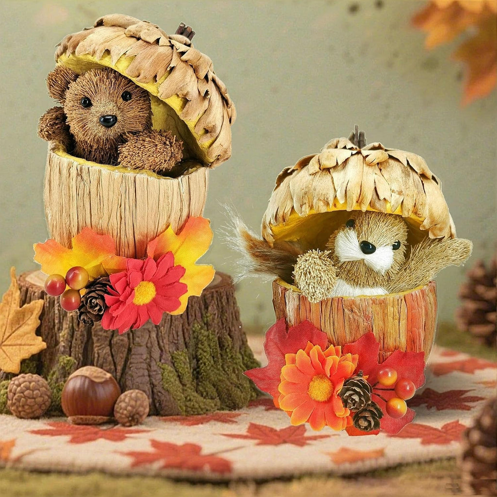 6.5 Inches Acorn Decor of Sisal Bear Squirrel Figurine for Fall - Set of 2