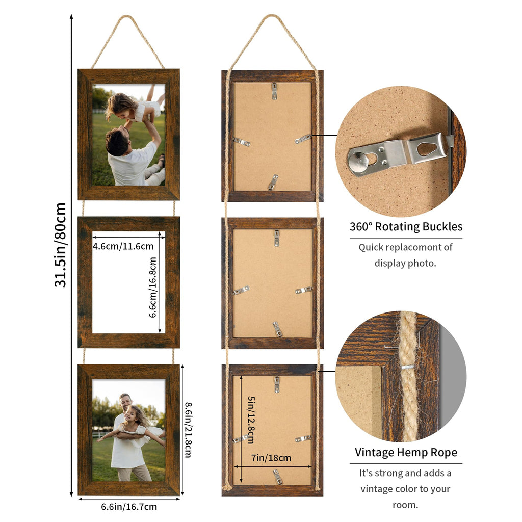 5x7 Picture Frames Collage, Real Glass Wooden Vertical Hanging 3 Opening 5 by 7 Photo Frame, Brown, 1 Pack